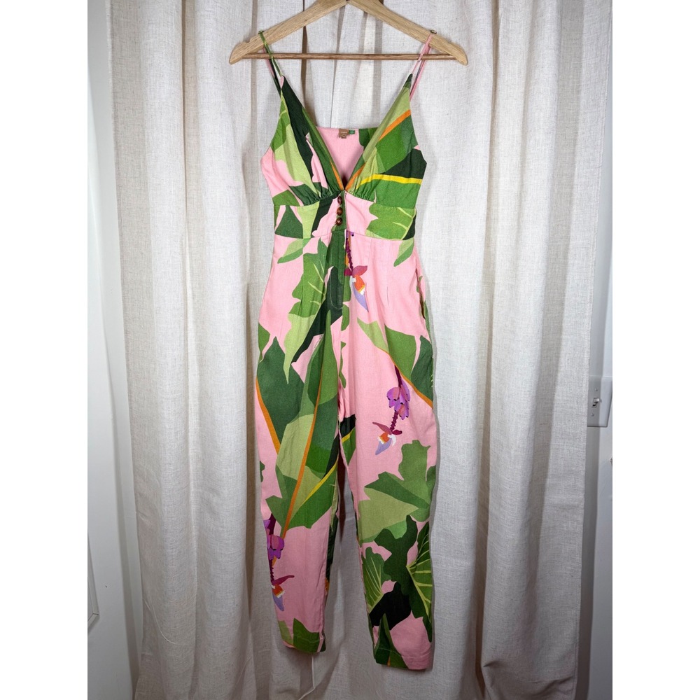 Farm Rio Tropicalistic Jumpsuit Pink Tropical Print Linen Blend Size P Pockets - Picture 2 of 9